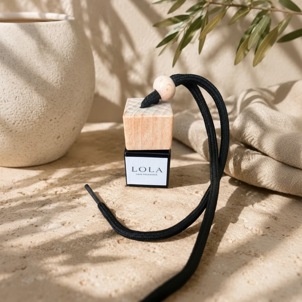 Lola Home Fragrance car diffuser black glass bottle with wooden cube cap and black hanging cord